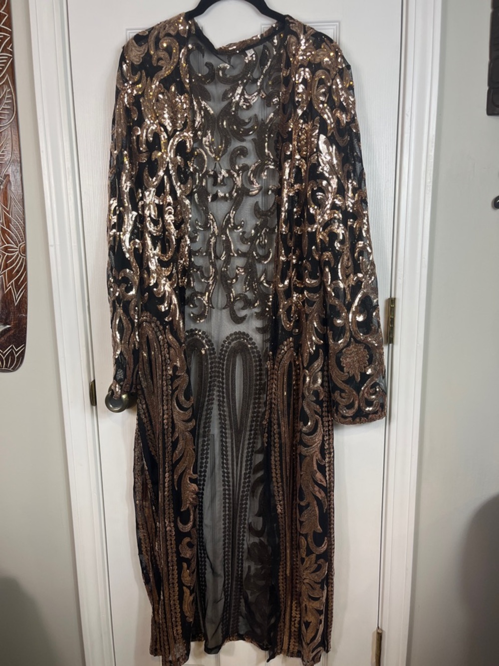 Black mesh with gold sequins long duster with long sleeves. Sz large open front
